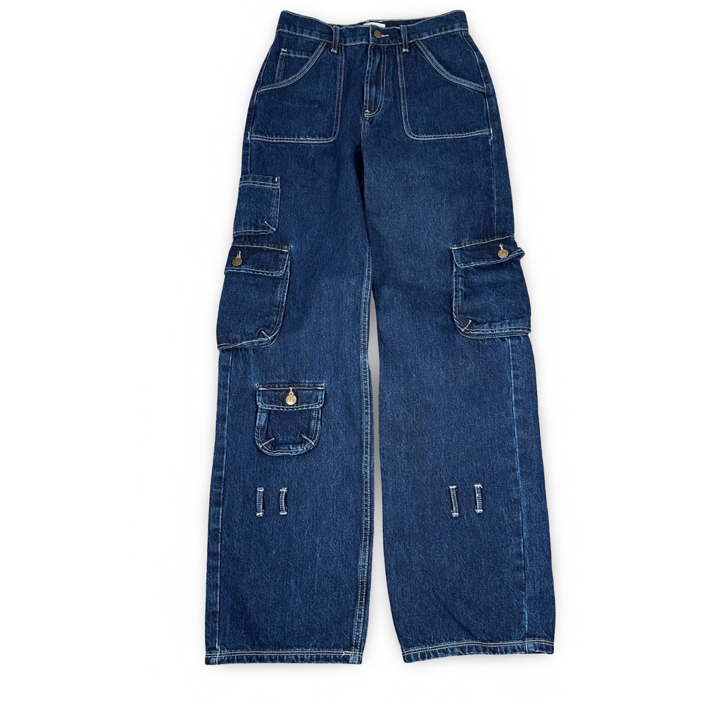 LPA Bea Mid Rise Barrel Cargo Jeans Indigo Blue Wide Leg Denim Pants Womens 25